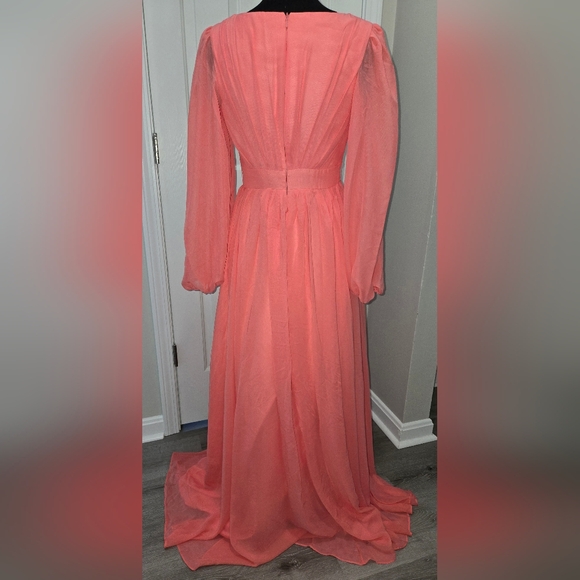 NWT Lavetir A-Line V-Neck Coral Long Sleeves Chiffon Long Dress - Picture 9 of 16